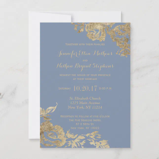 Elegant Simple Gold Dusty Blue Floral Wedding Invitation | Zazzle