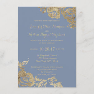 Elegant Simple Gold Dusty Blue Floral Wedding Invitation