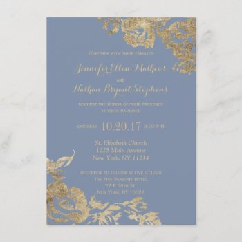 Elegant Simple Gold Dusty Blue Floral Wedding Invitation by I_Invite_You at Zazzle