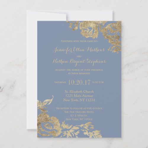 Elegant Simple Gold Dusty Blue Floral Wedding Invitation