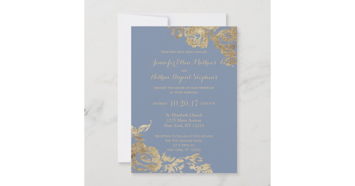 Elegant Simple Gold Dusty Blue Floral Wedding Invitation | Zazzle