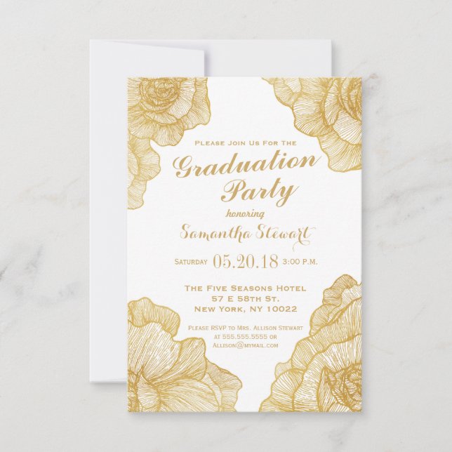 Elegant Simple Gold Floral Graduation Party Invite (Front)