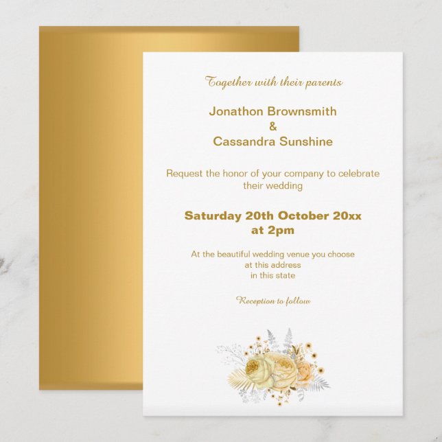 ELEGANT SIMPLE GOLD FLORAL SIMPLE  WEDDING INVITATION (Front/Back)