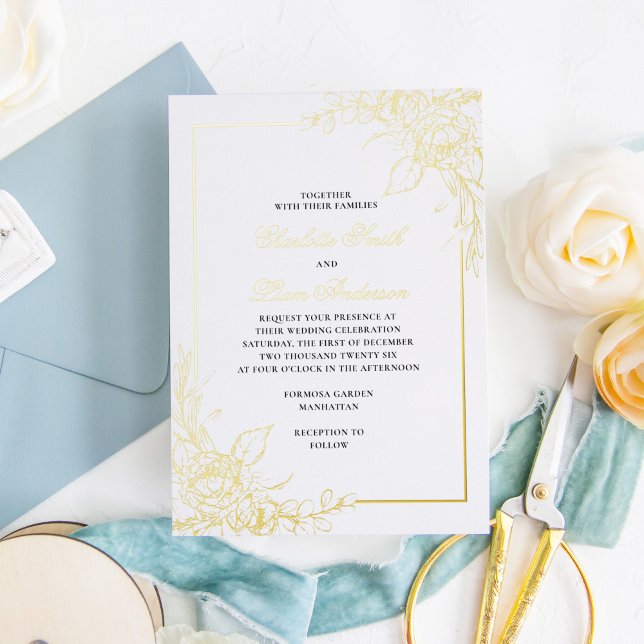 Elegant Simple Gold Foil Pressed Floral Wedding Invitation (Creator Uploaded)