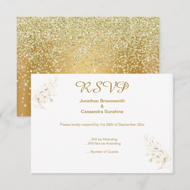 ELEGANT SIMPLE GOLD LEAF GOLD CRYSTAL REVERSE RSVP INVITATION (Front/Back)