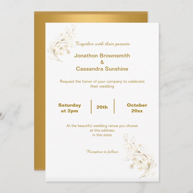 ELEGANT SIMPLE GOLD LEAF GOLD REVERSE WEDDING INVITATION (Front/Back)