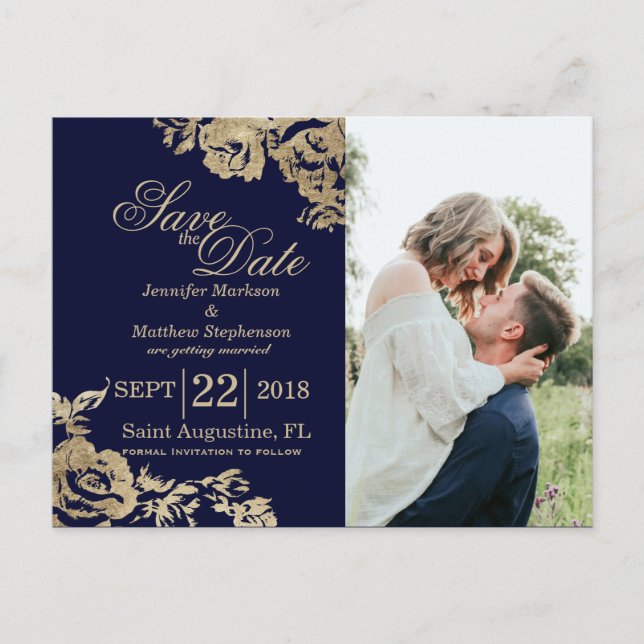 Elegant Simple Gold Navy Blue Floral Save the Date Announcement Postcard (Front)