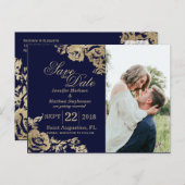 Elegant Simple Gold Navy Blue Floral Save the Date Announcement Postcard (Front/Back)