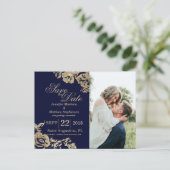 Elegant Simple Gold Navy Blue Floral Save the Date Announcement Postcard (Standing Front)