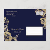 Elegant Simple Gold Navy Blue Floral Save the Date Announcement Postcard (Back)