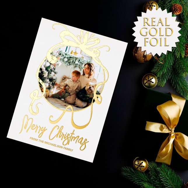 Elegant Simple Gold Ornament Bow Family Photo Foil Holiday Card (Creator Uploaded)