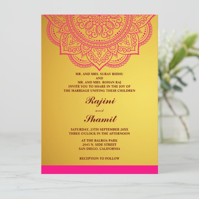 Elegant simple Gold Paisley Indian Hindu Invitation (Standing Front)