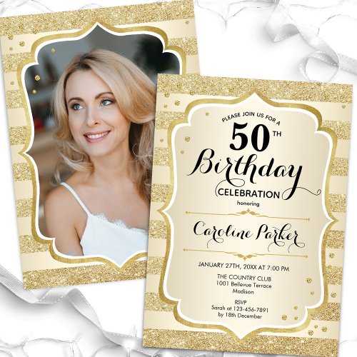 Elegant Simple Gold Photo 50th Birthday Invitation