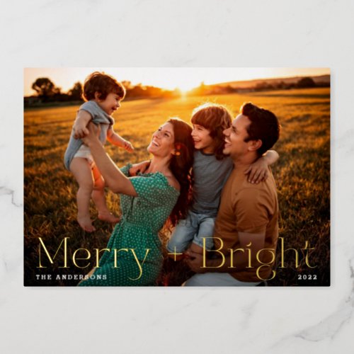 Elegant Simple Gold Pressed Photo Merry and Bright Foil Holiday Card