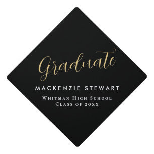 Elegant Simple Gold Script Graduation Black Graduation Cap Topper