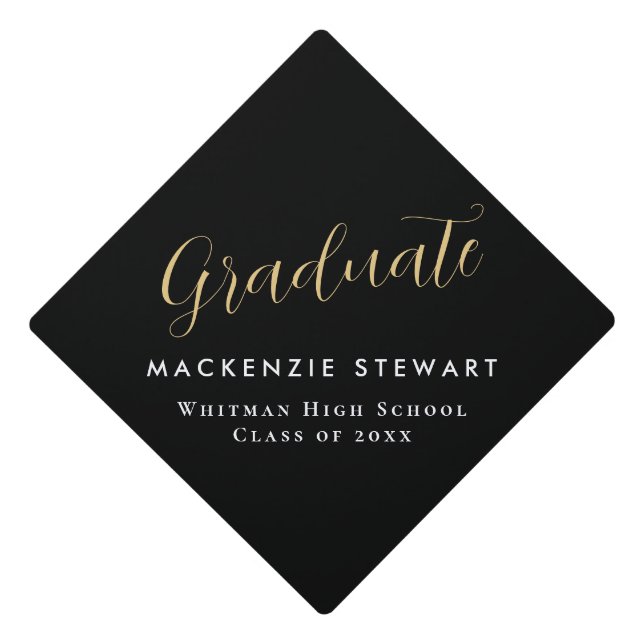Elegant Simple Gold Script Graduation Black  Graduation Cap Topper (Front)