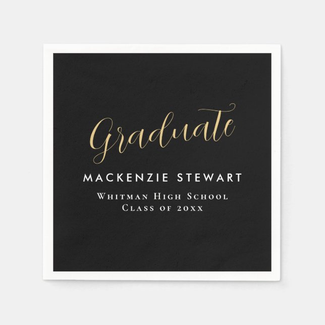Elegant Simple Gold Script Graduation Black Napkins (Front)