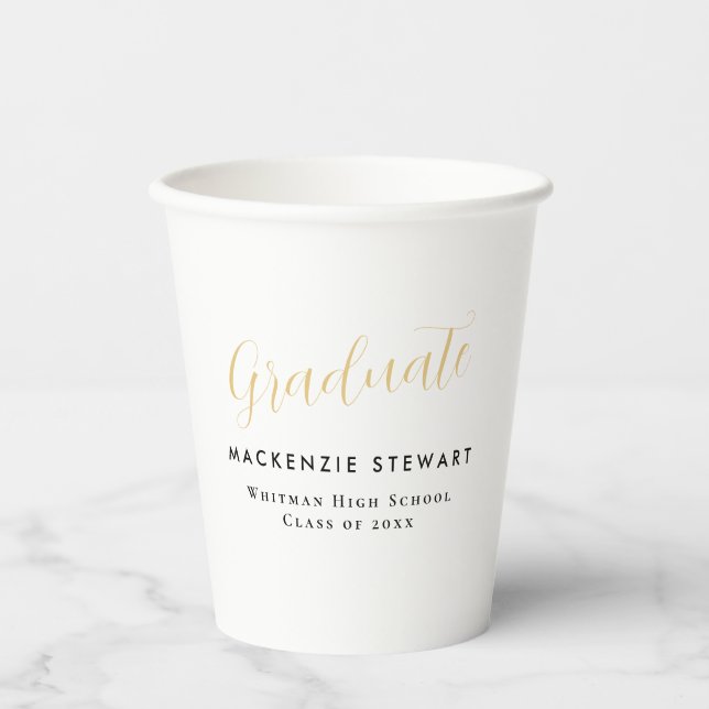 Elegant Simple Gold Script Graduation White Paper Cups (Front)
