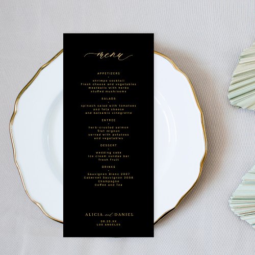 Elegant simple gold typography black wedding menu