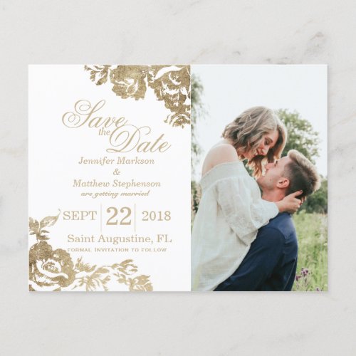 Elegant Simple Gold White Floral Save the Date Announcement Postcard