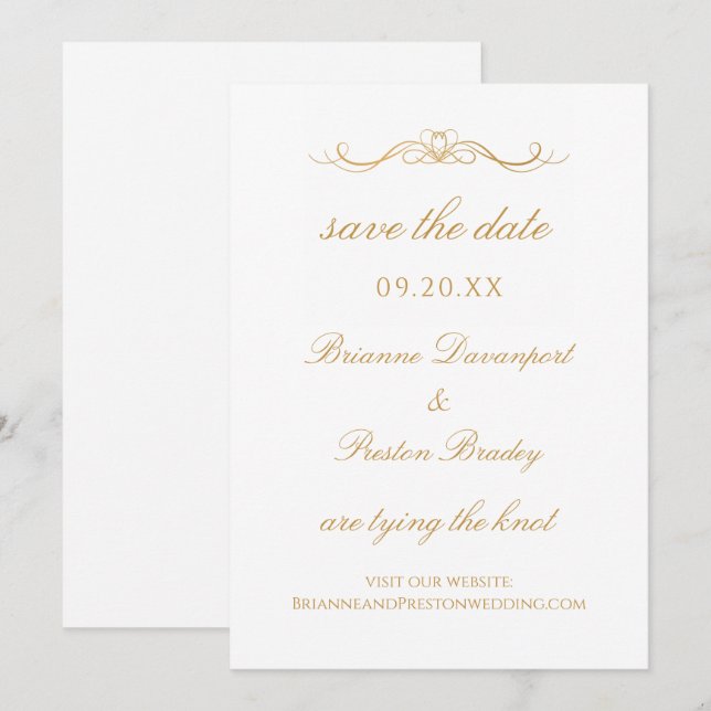 Elegant Simple Gold & White Script Wedding Save The Date (Front/Back)