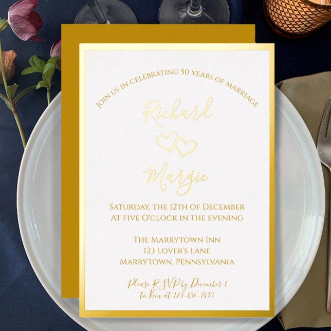 Elegant Simple Golden 50th Wedding Anniversary Foil Invitation (Create a beautiful simple gold foil invitation with this template. Easily customize 50th anniversary)