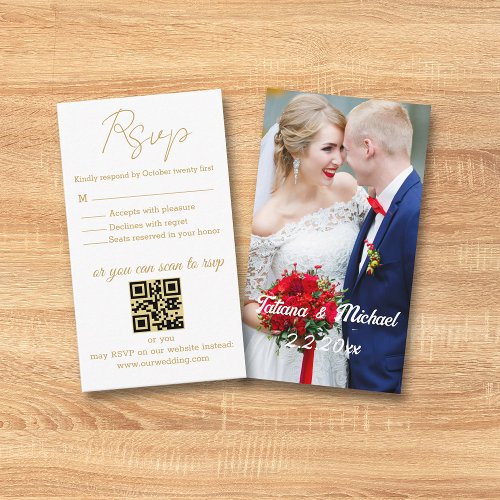 elegant simple golden photo rsvp wedding qr code enclosure card