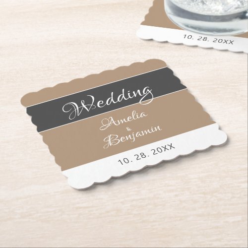 Elegant Simple Gray Beige Script Wedding  Paper Coaster