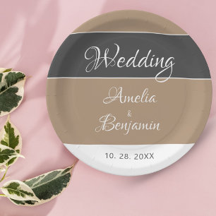 Elegant Simple Gray Beige Script Wedding Paper Plates