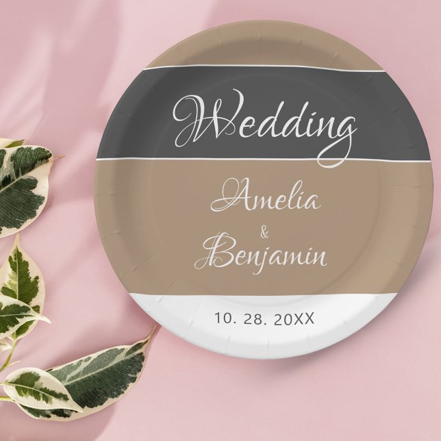Elegant Simple Gray Beige Script Wedding  Paper Plates (Creator Uploaded)