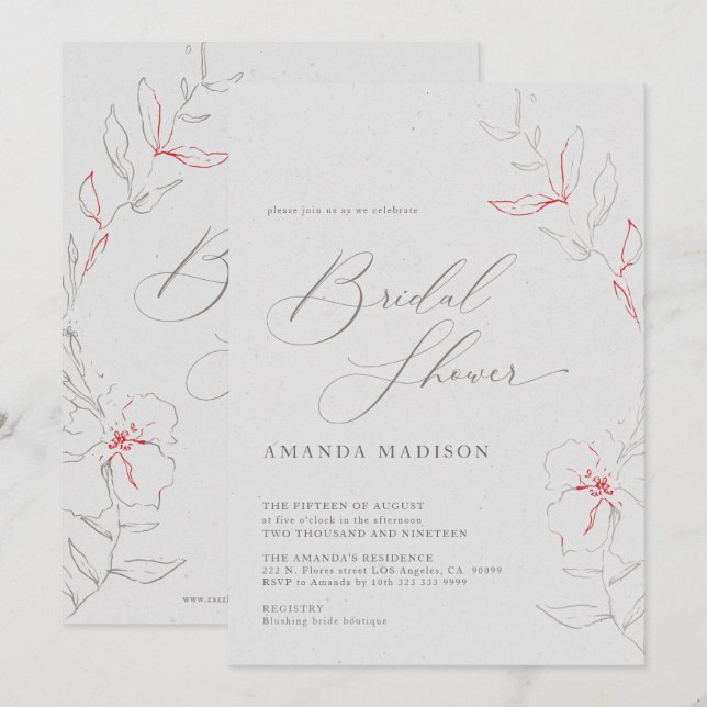 Elegant simple gray & red flowers Bridal Shower Invitation (Front/Back)