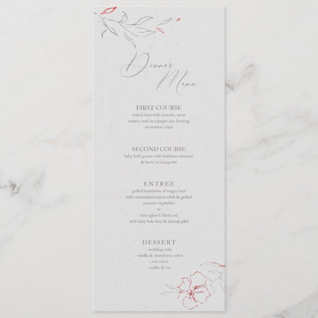 Elegant simple gray & red flowers Dinner Menu (Front)