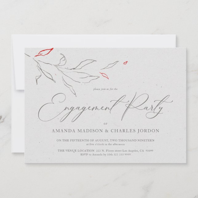 Elegant simple gray & red flowers Engagement Party Invitation (Front)