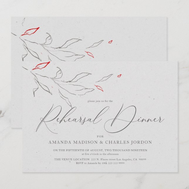 Elegant simple gray & red flowers Rehearsal Dinner Invitation (Front/Back)