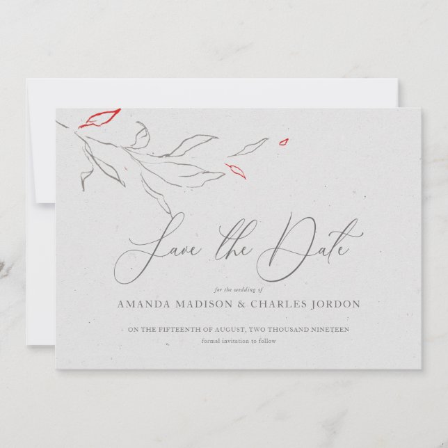 Elegant simple gray & red flowers Save the date Invitation (Front)