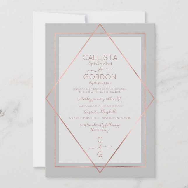 Elegant Simple Gray Rose Gold Geo Border Wedding Invitation (Front)