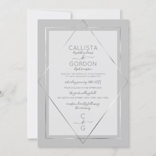 Elegant Simple Gray Silver Geo Border Wedding Invitation