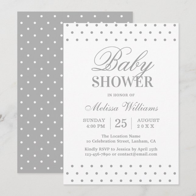 Elegant Simple Gray White Dots Script Baby Shower Invitation (Front/Back)