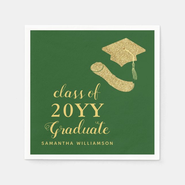 Elegant Simple Green and Gold 2025 Graduation Napkins (Front)