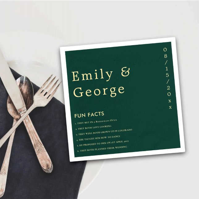 Elegant Simple Green Gold Modern Fun Facts Wedding Napkins (Creator Uploaded)