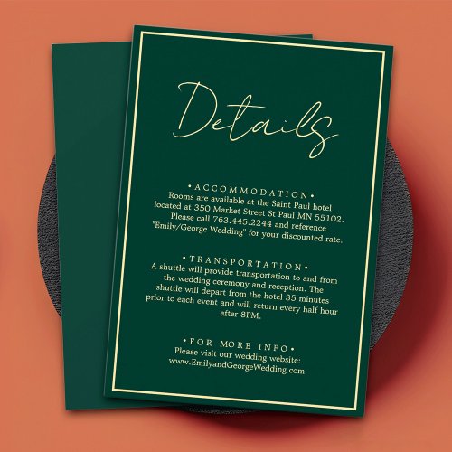 Elegant Simple Green Gold Modern Wedding Details Enclosure Card