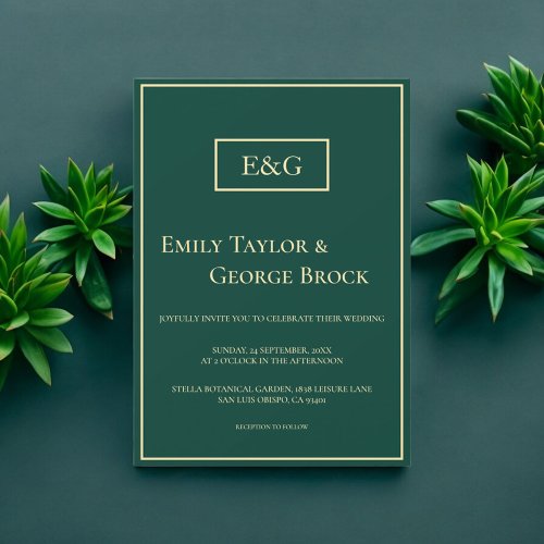 Elegant Simple Green Gold Monogram Modern Wedding Invitation