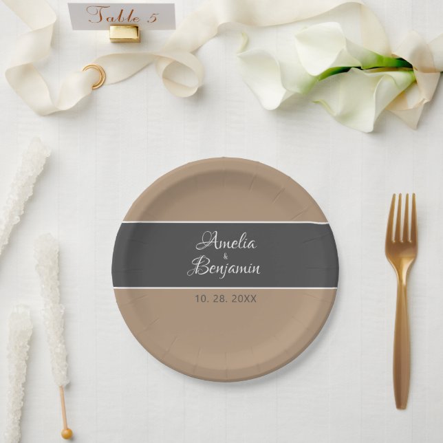 Elegant simple grey beige typography wedding paper plates (Wedding)