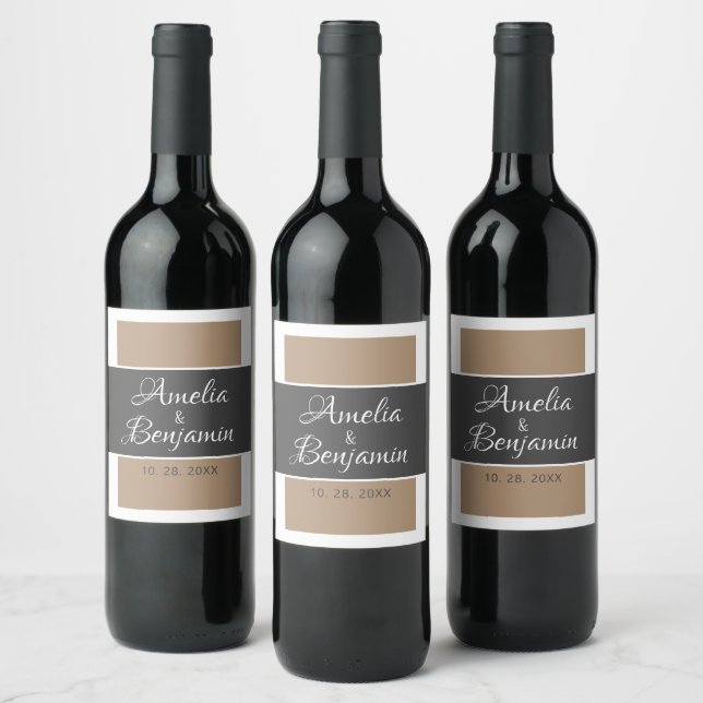 Elegant Simple Grey Beige Typography Wedding Wine Label (Bottles)