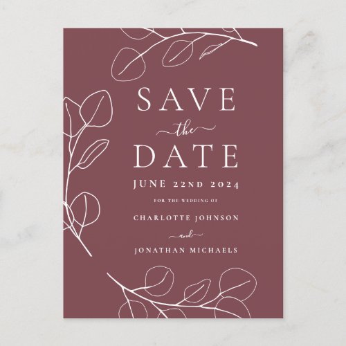 Elegant Simple Leaves Burgundy Wedding Announcement Postcard