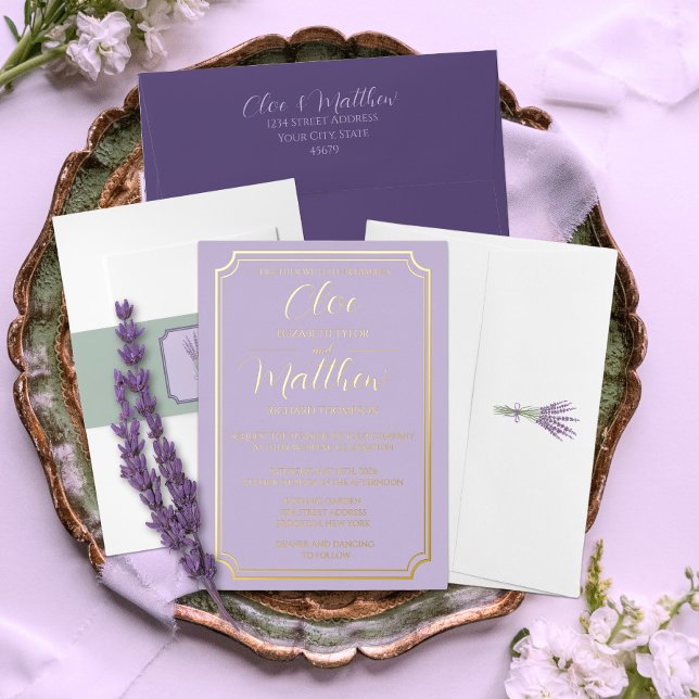 Elegant Simple Lilac and Gold Script Wdding Foil Invitation (Creator Uploaded)