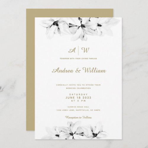 Elegant Simple Magnolia Gold Floral Chic Wedding Invitation