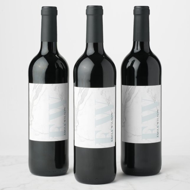 Elegant Simple Marble Stone Blue Name Monogram Wine Label (Bottles)