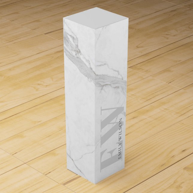 Elegant Simple Marble Stone Grey Name Monogram Wine Box (Front)