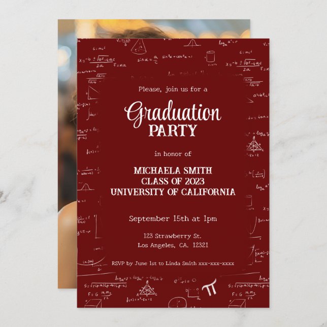 Elegant Simple Maroon Photo Math Graduation Invitation (Front/Back)